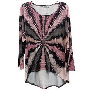 Beyond This Plane Womens Wearable Art Eclectic Top Large Pink Black Hi Low NWT
